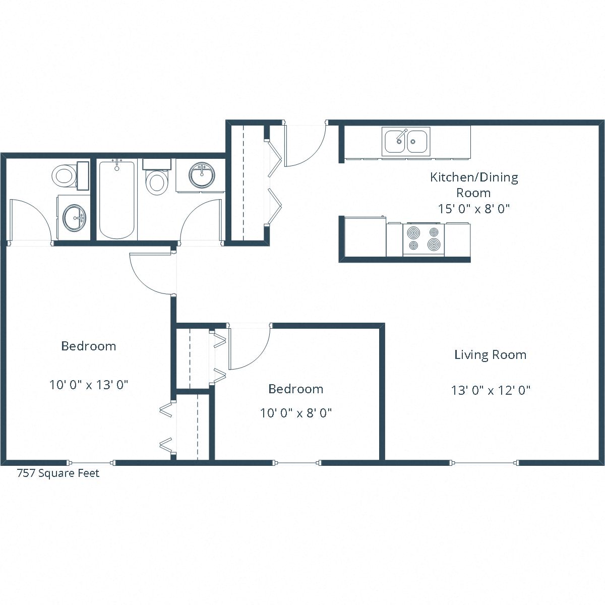 Floor plan for 2 beds, 1.5 baths, 757 sqft