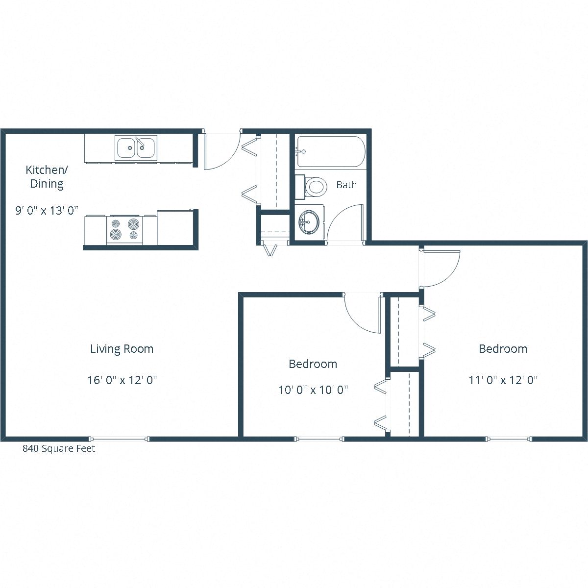 Floor plan for 2 beds, 1 bath, 840 sqft
