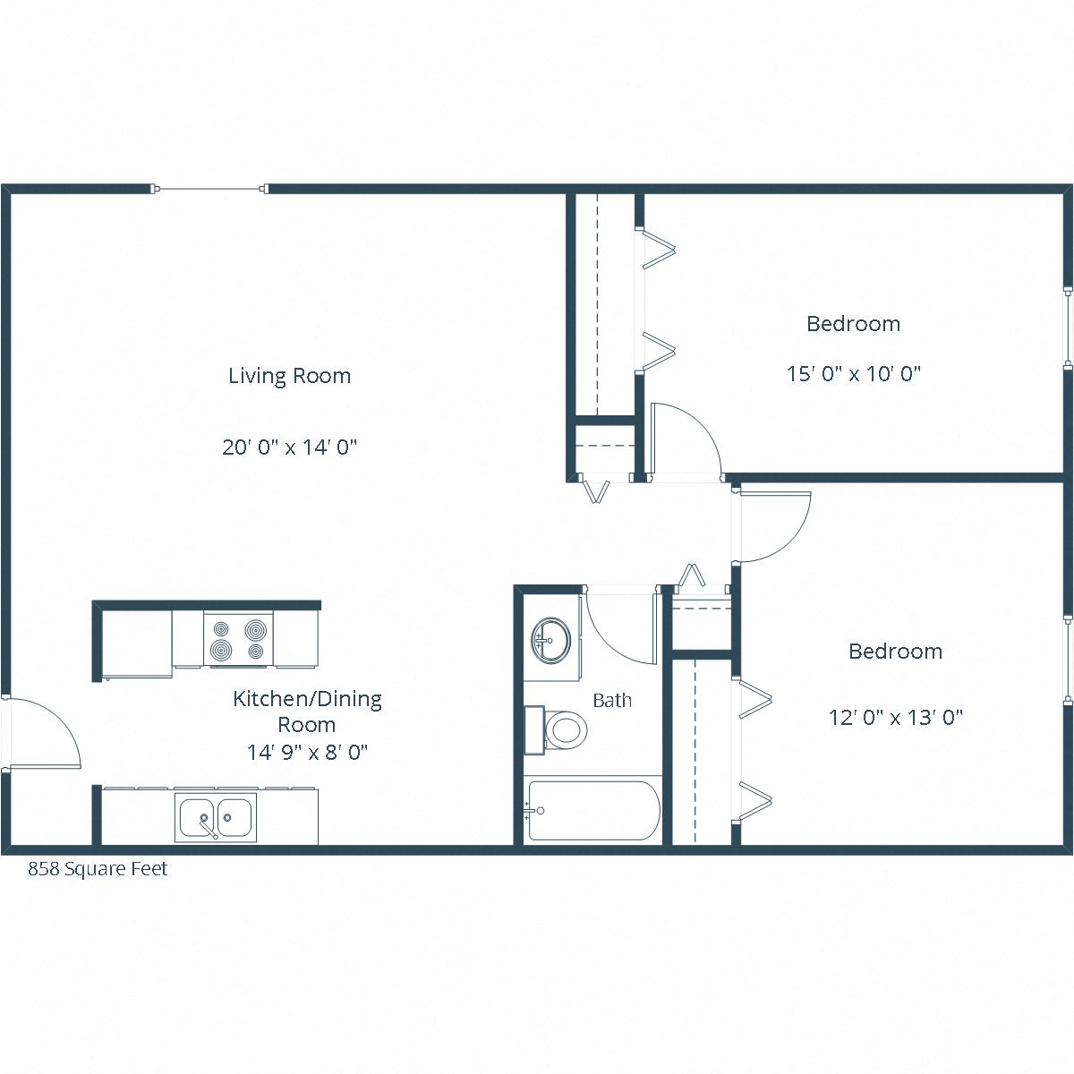 Floor plan for 2 beds, 1 bath, 577 sqft