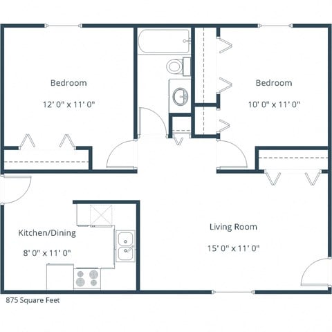 Floor plan for 2 beds, 1 bath, 875 sqft