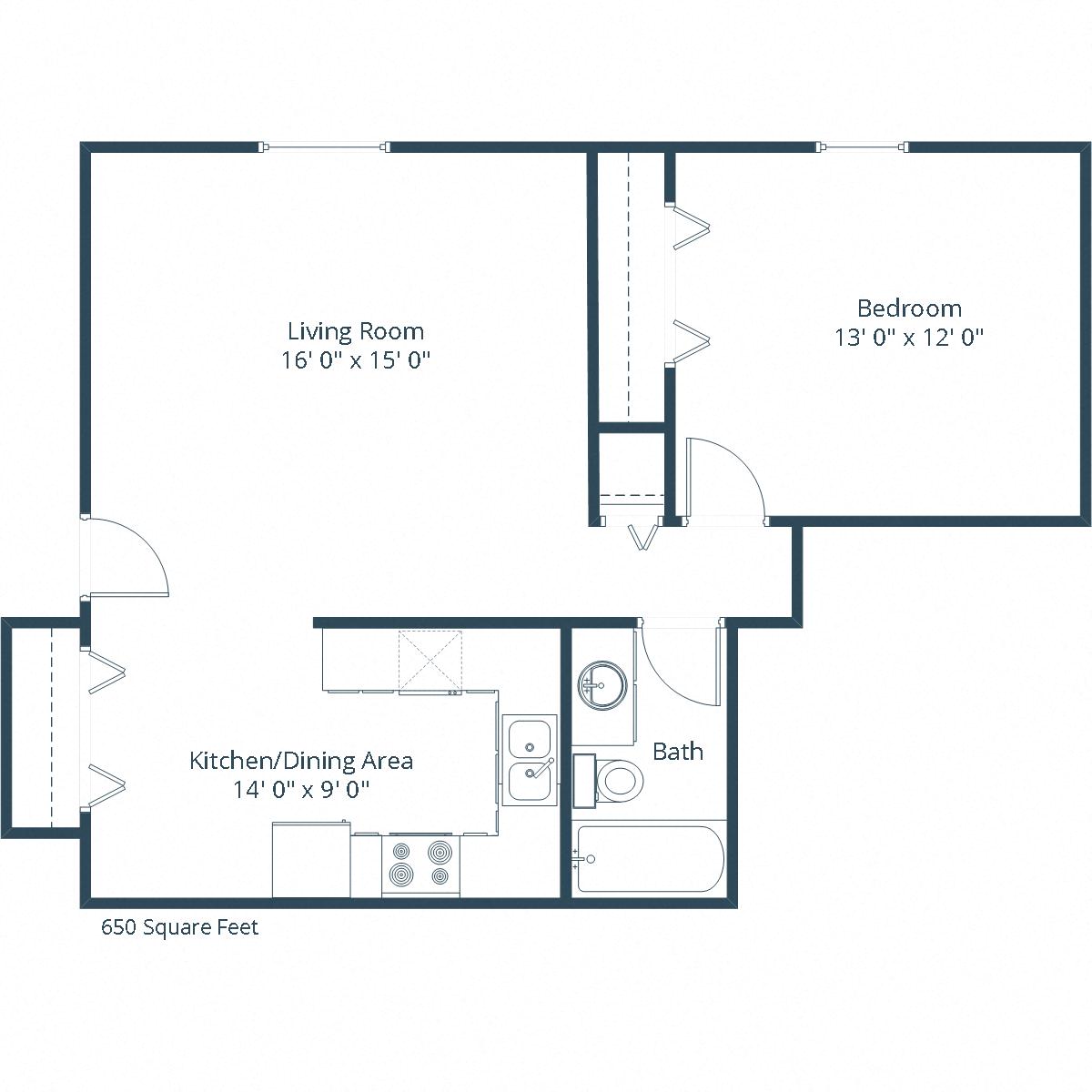 Floor plan for 1 bed, 1 bath, 650 sqft