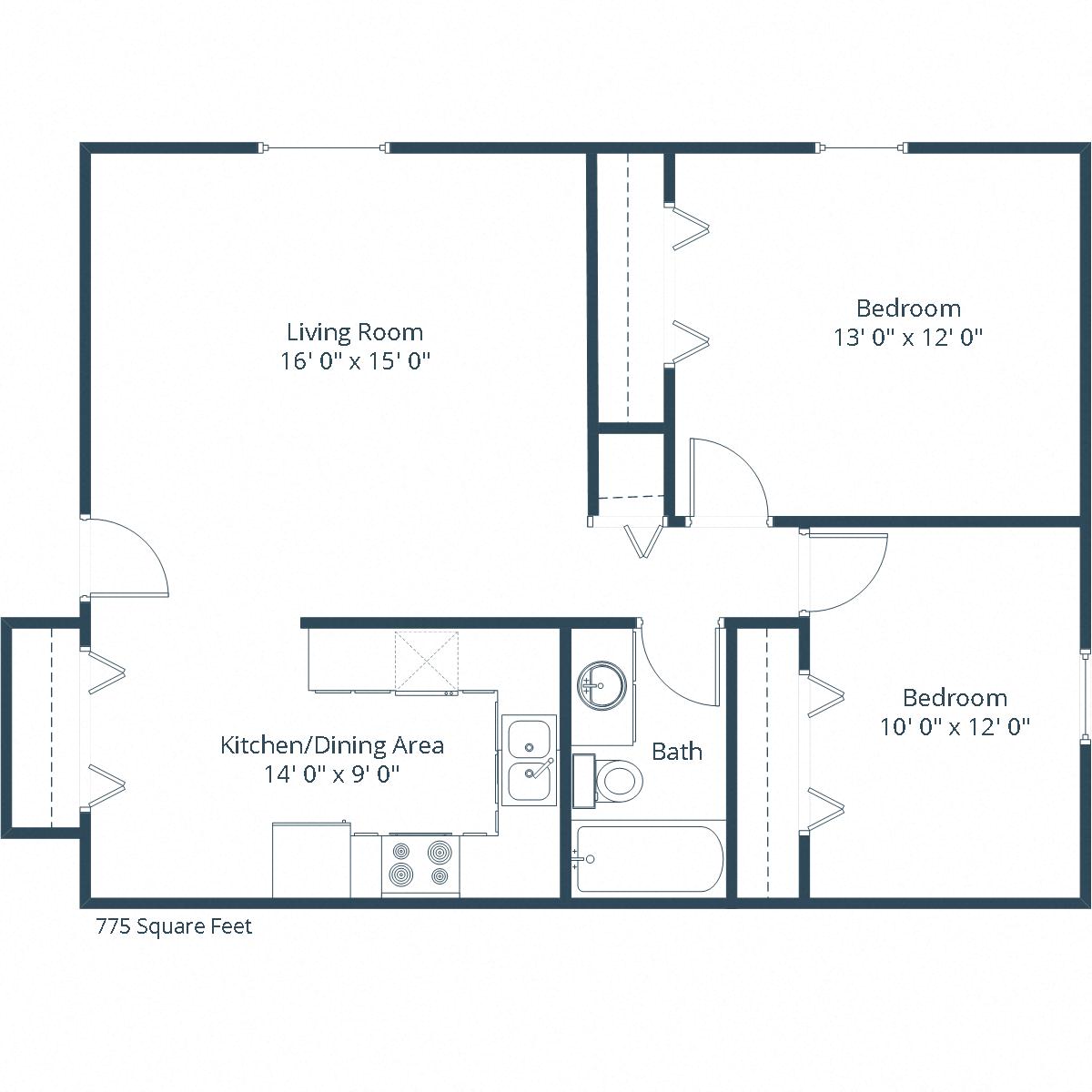 Floor plan for 2 beds, 1 bath, 775 sqft