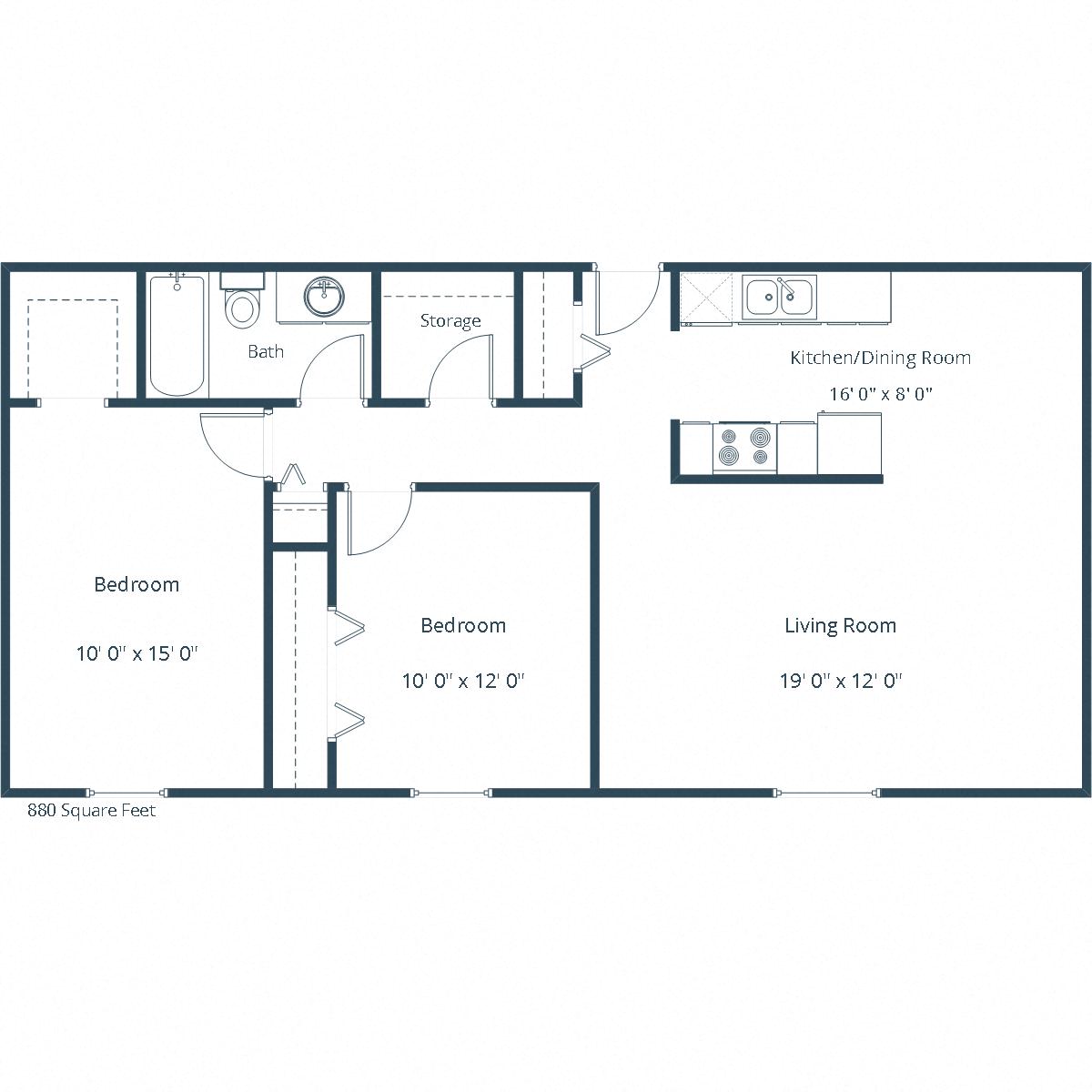 Floor plan for 2 beds, 1 bath, 780 sqft
