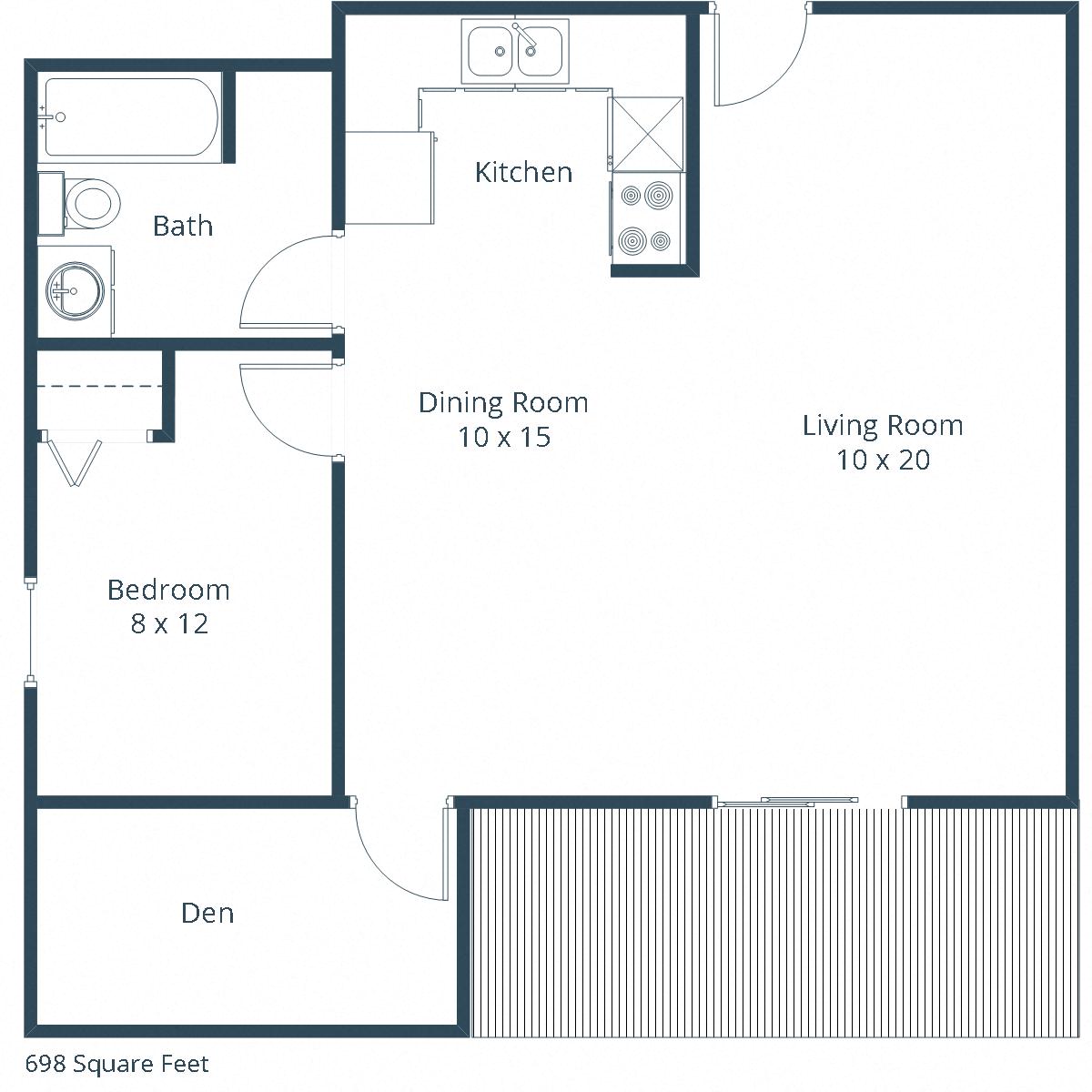 Floor plan for 1 bed, 1 bath, 698 sqft