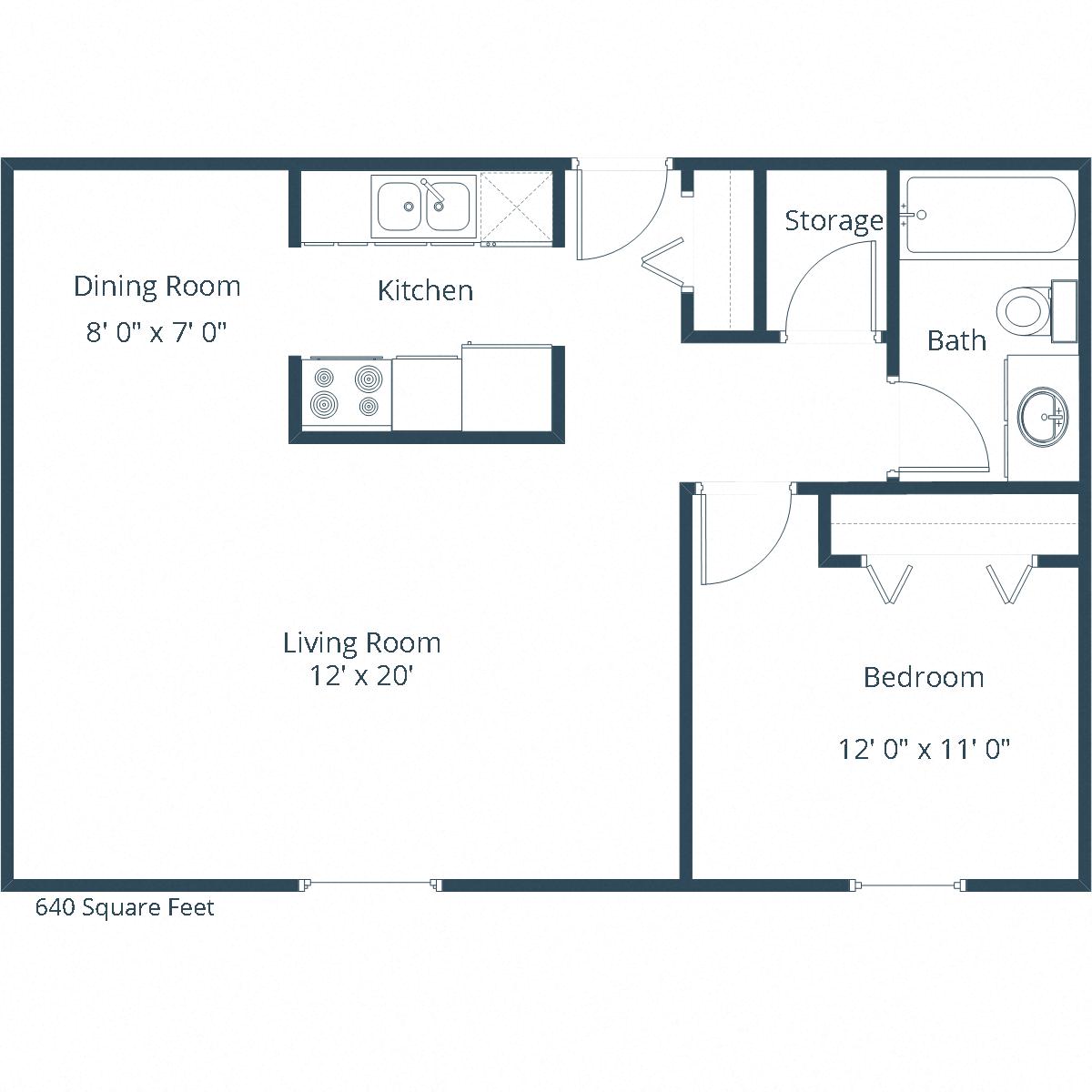 Floor plan for 1 bed, 1 bath, 640 sqft