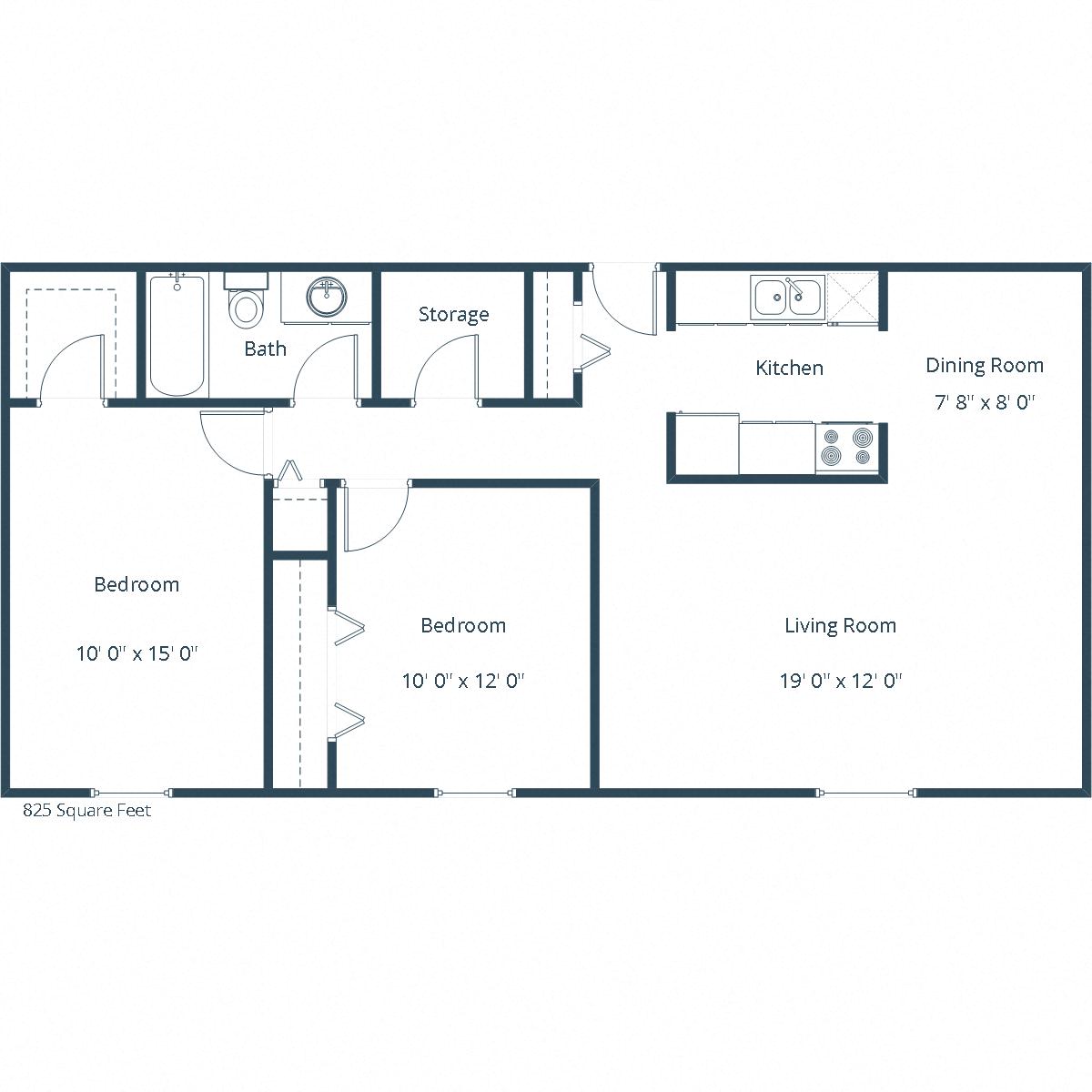 Floor plan for 2 beds, 1 bath, 825 sqft