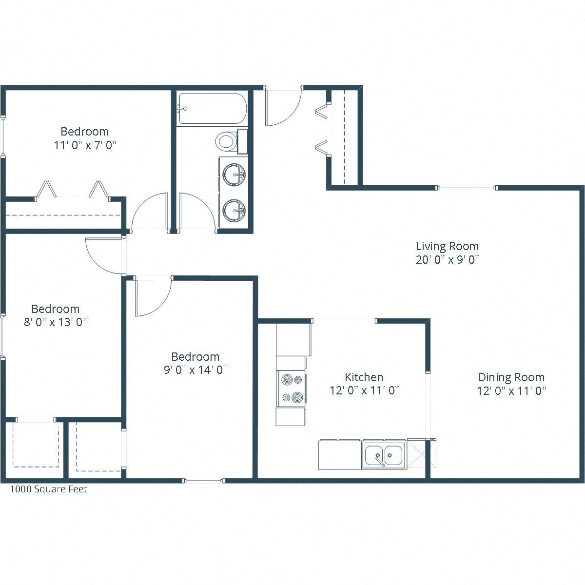 Floor plan for 3 beds, 1 bath, 1000 sqft