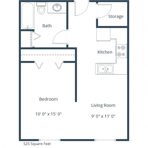 Floor plan for studio, 1 bath, 525 sqft