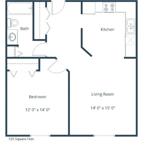Floor plan for 1 bed, 1 bath, 725 sqft