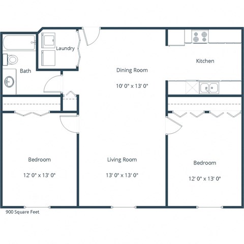 Floor plan for 2 beds, 1 bath, 900 sqft