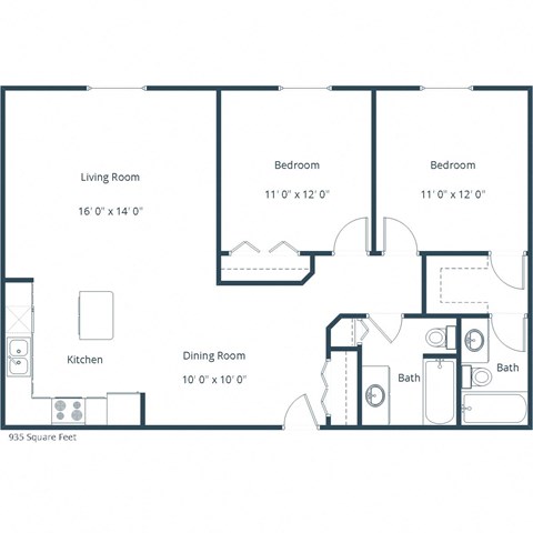Floor plan for 2 beds, 2 baths, 1025 sqft
