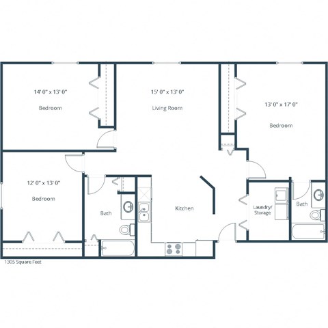 Floor plan for 3 beds, 2 baths, 1406 sqft