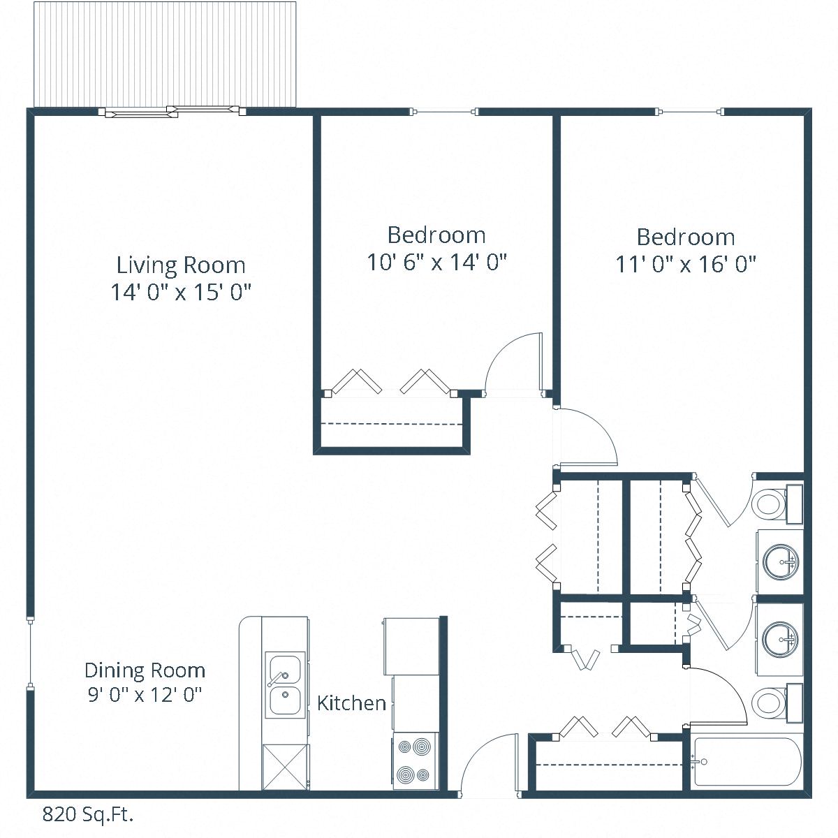 Floor plan for 2 beds, 1 bath, 960 sqft