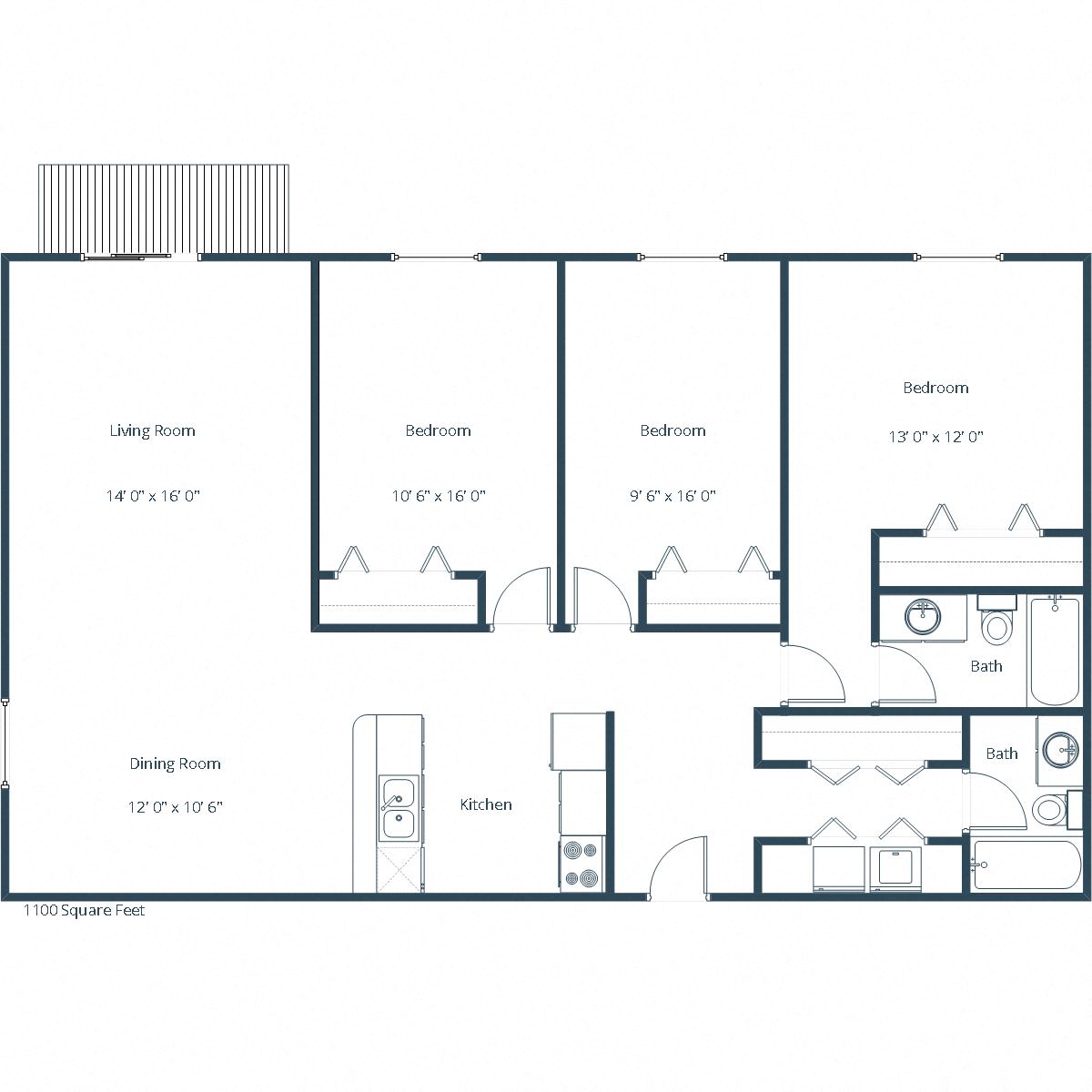 Floor plan for 3 beds, 2 baths, 1100 sqft