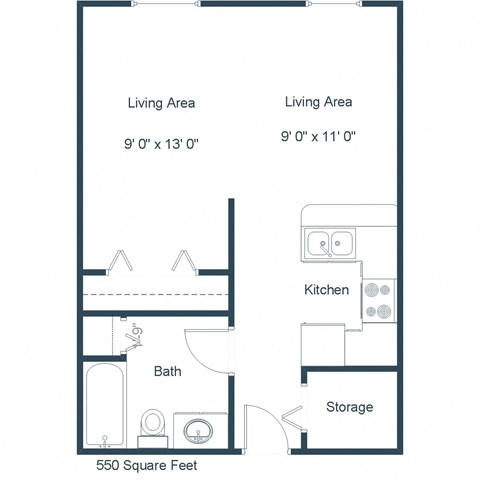 Floor plan for studio, 1 bath, 550 sqft