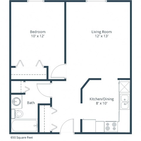 Floor plan for 1 bed, 1 bath, 650 sqft