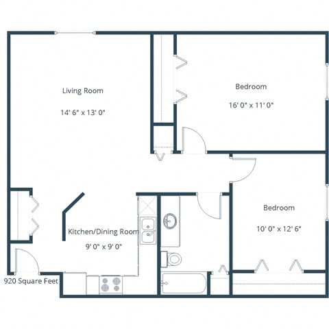 Floor plan for 2 beds, 1 bath, 970 sqft