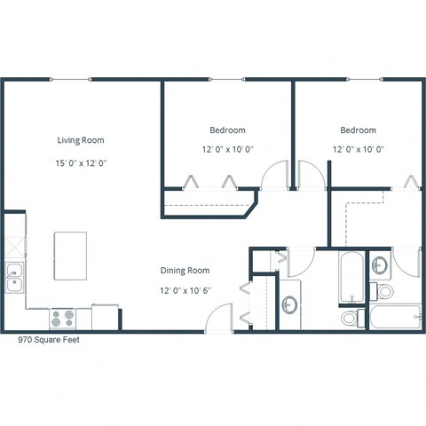 Floor plan for 2 beds, 2 baths, 970 sqft