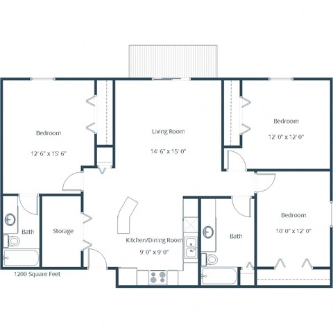 Floor plan for 3 beds, 2 baths, 1200 sqft
