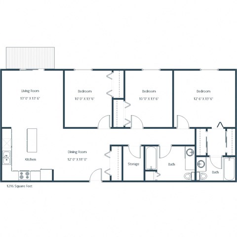 Floor plan for 3 beds, 2 baths, 1250 sqft