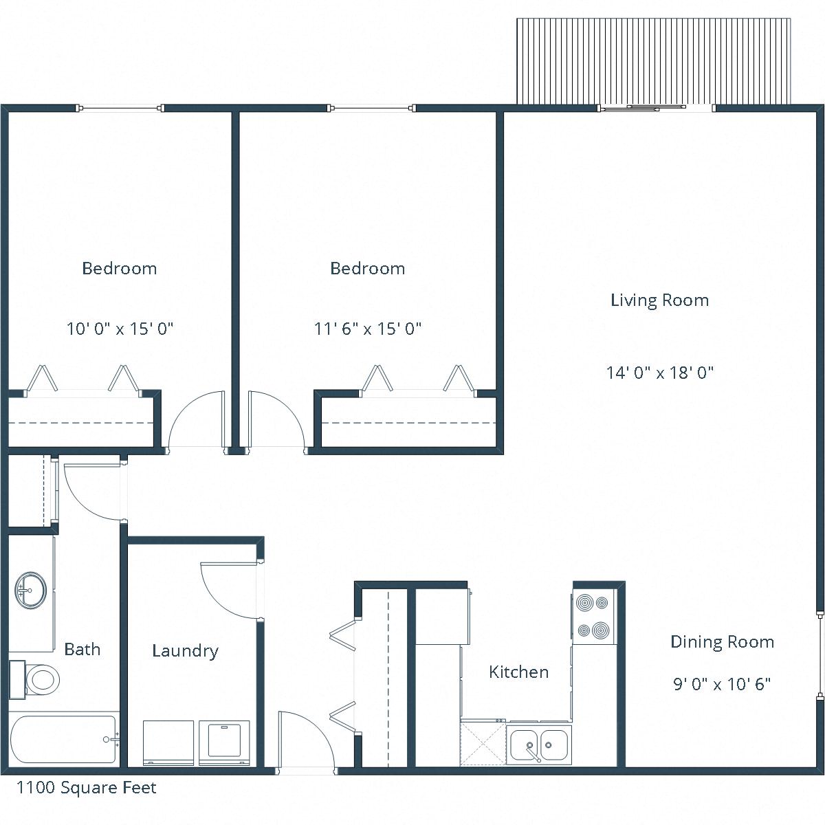 Floor plan for 2 beds, 1 bath, 1100 sqft