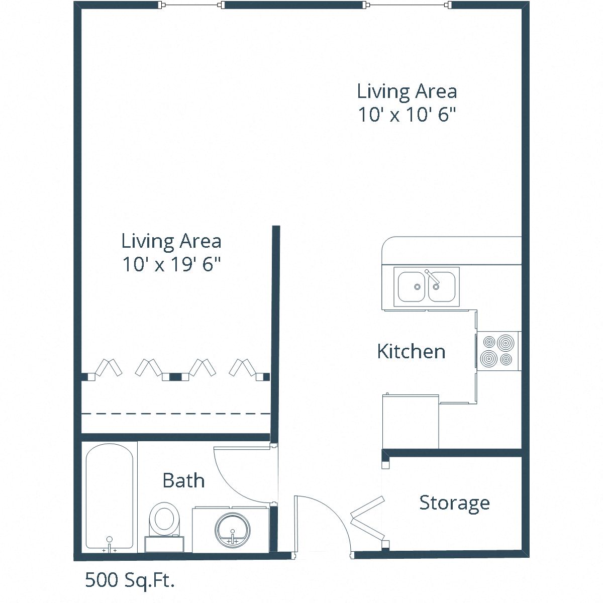 Floor plan for studio, 1 bath, 615 sqft
