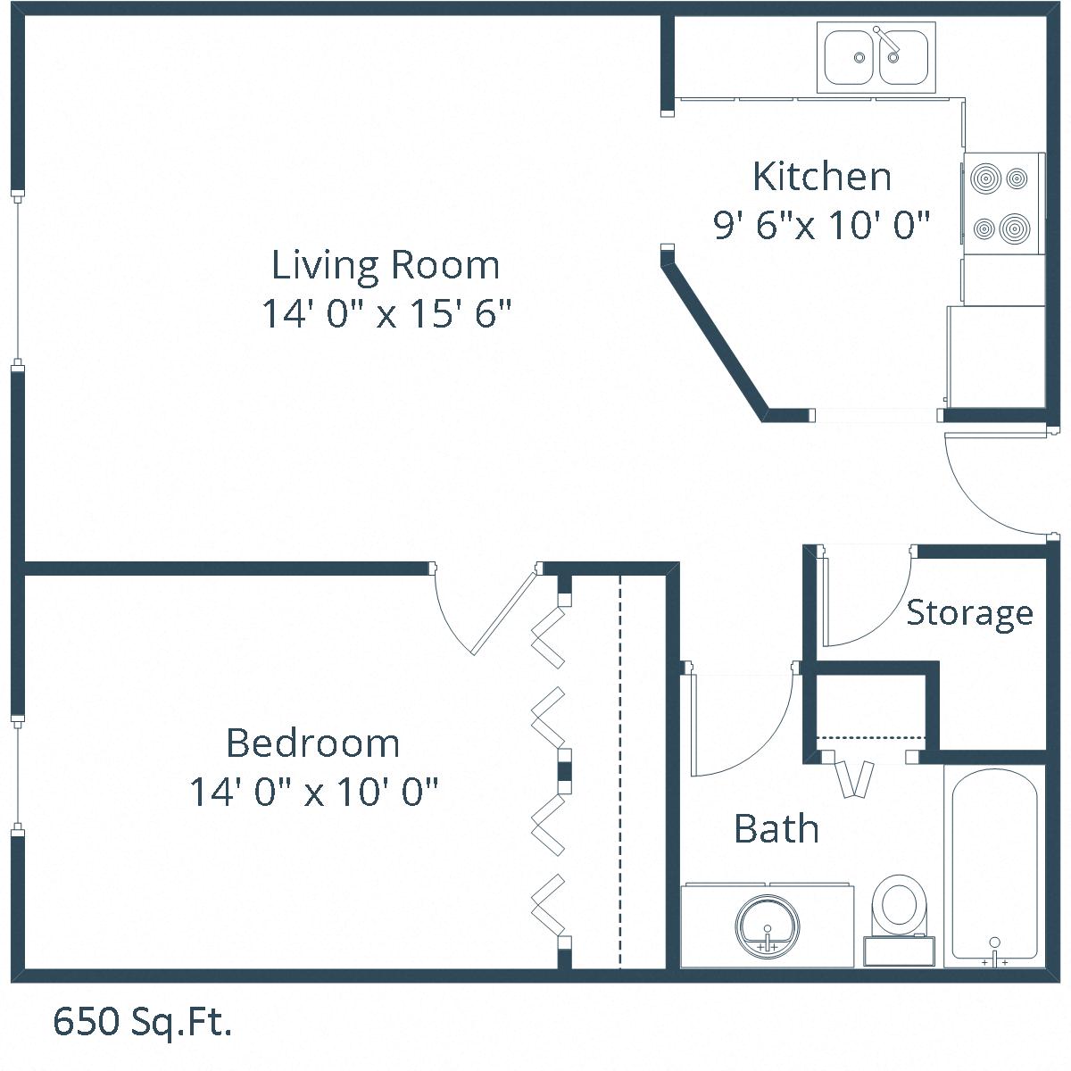 Floor plan for 1 bed, 1 bath, 620 sqft