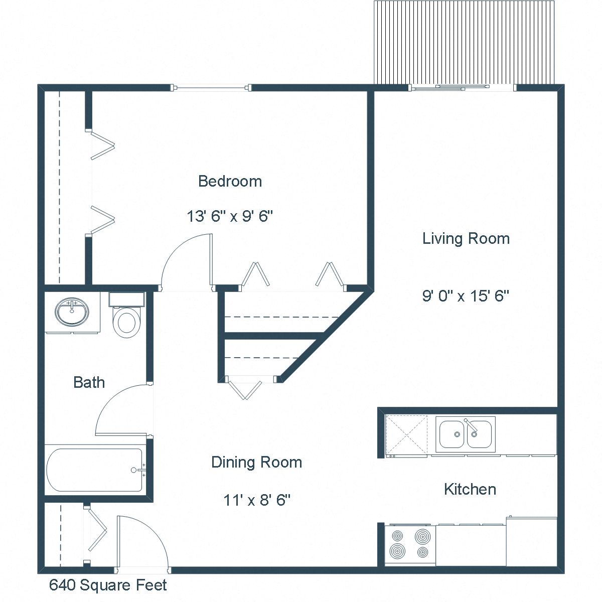Floor plan for 1 bed, 1 bath
