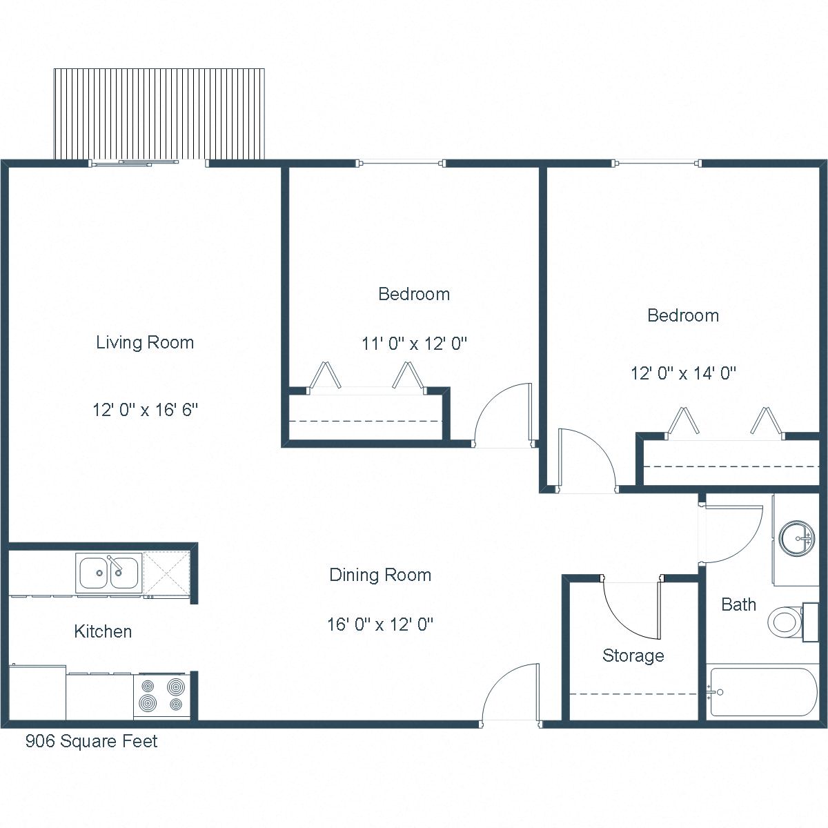 Floor plan for 2 beds, 1 bath, 906 sqft