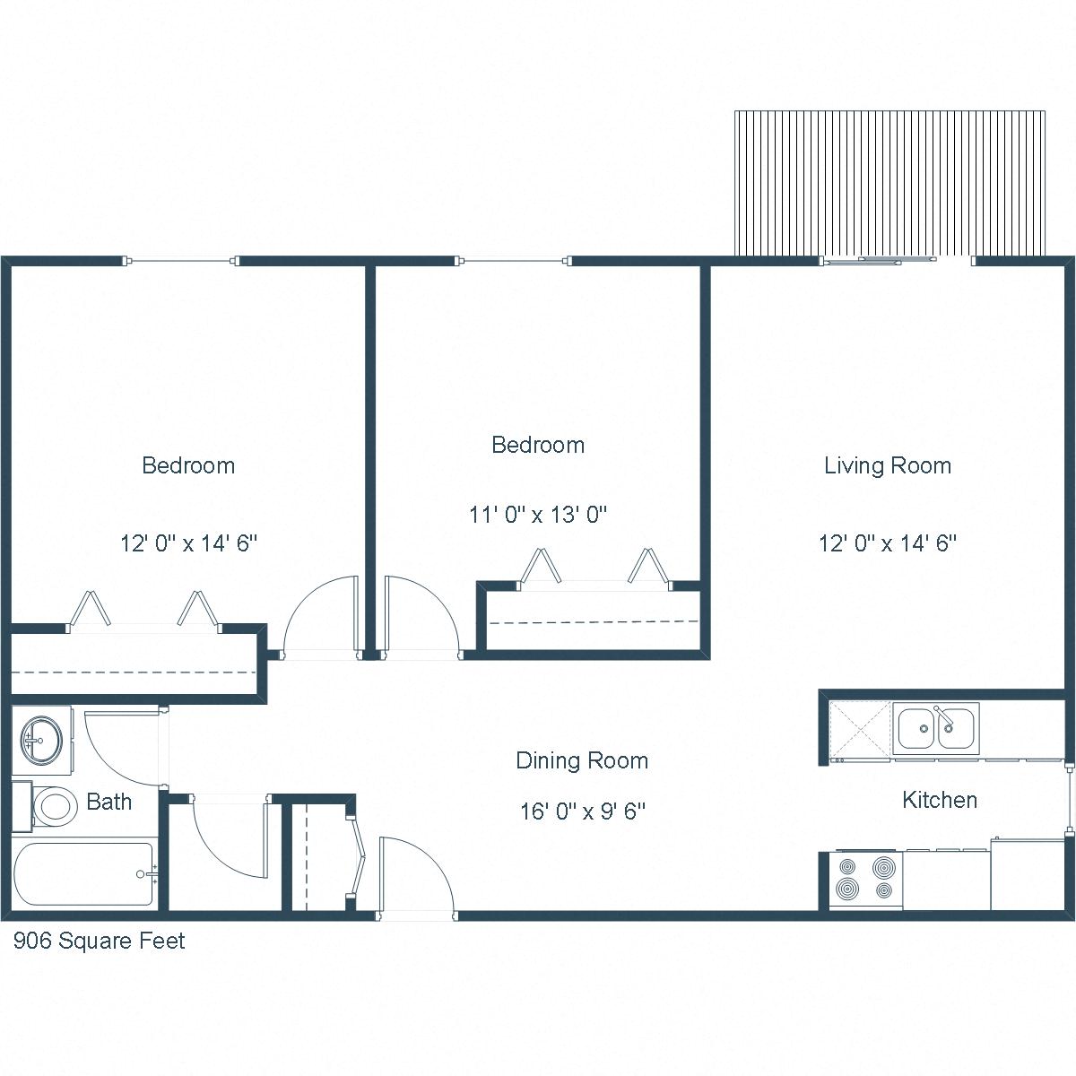 Floor plan for 2 beds, 1 bath, 906 sqft