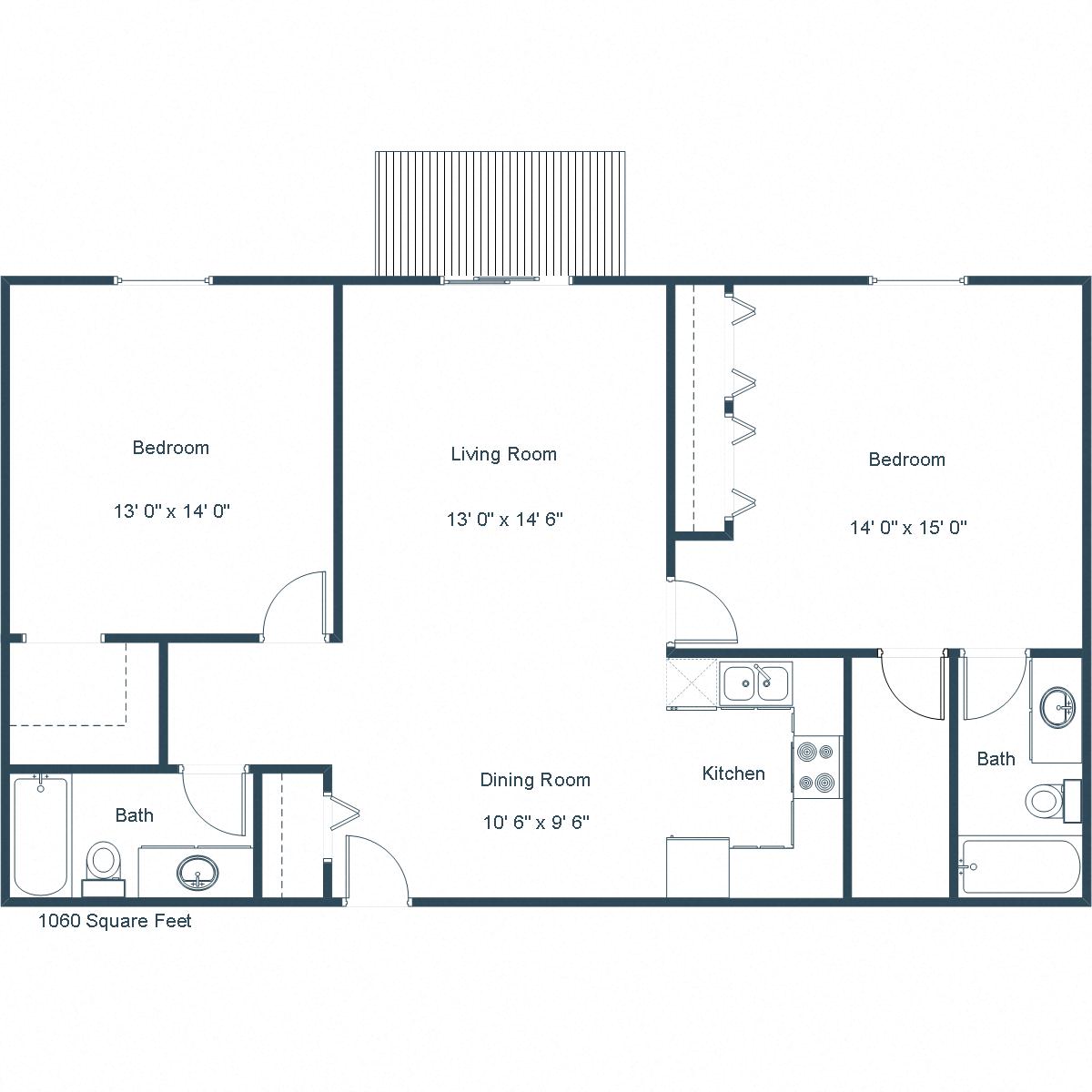 Floor plan for 2 beds, 2 baths, 1060 sqft