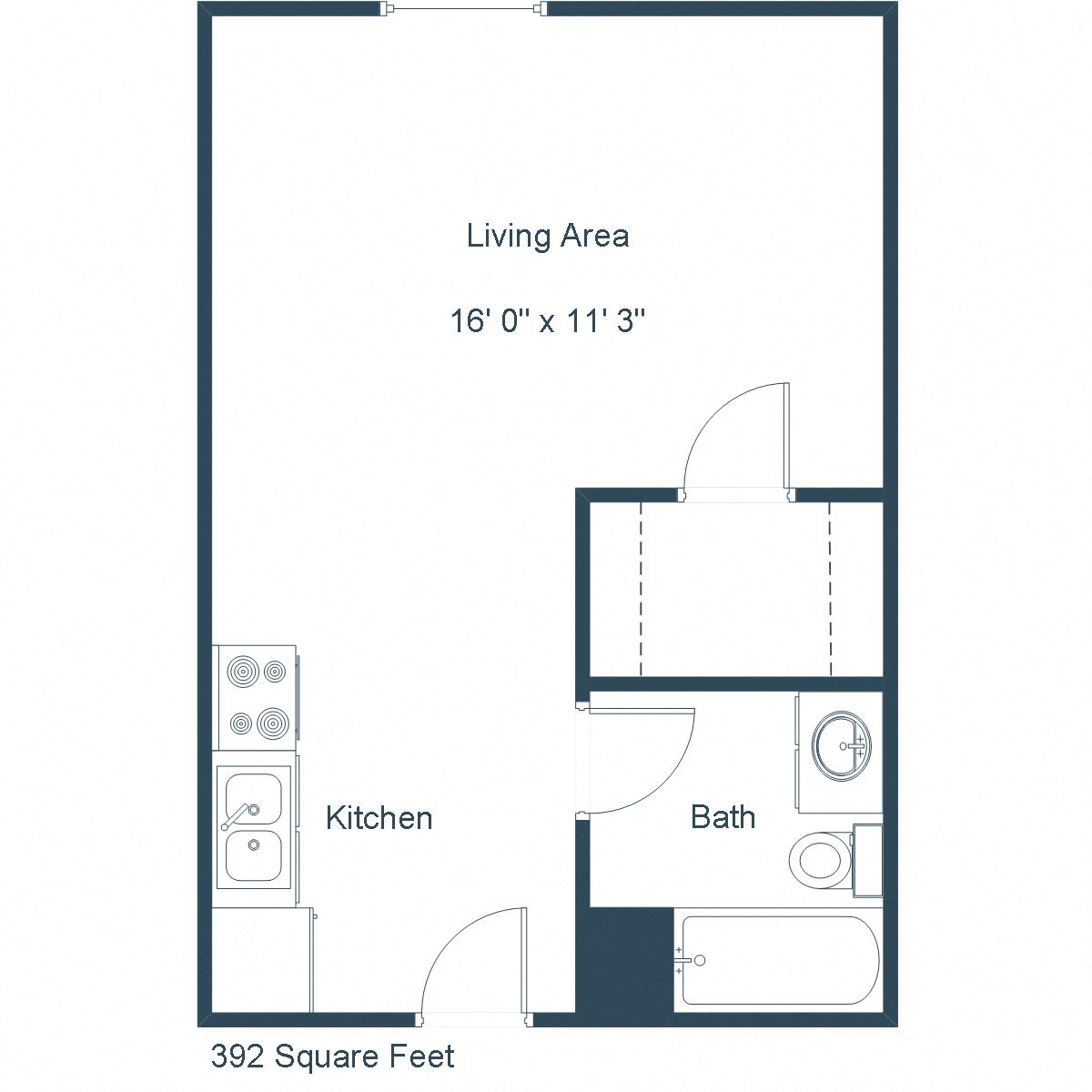 Floor plan for studio, 1 bath, 392 sqft