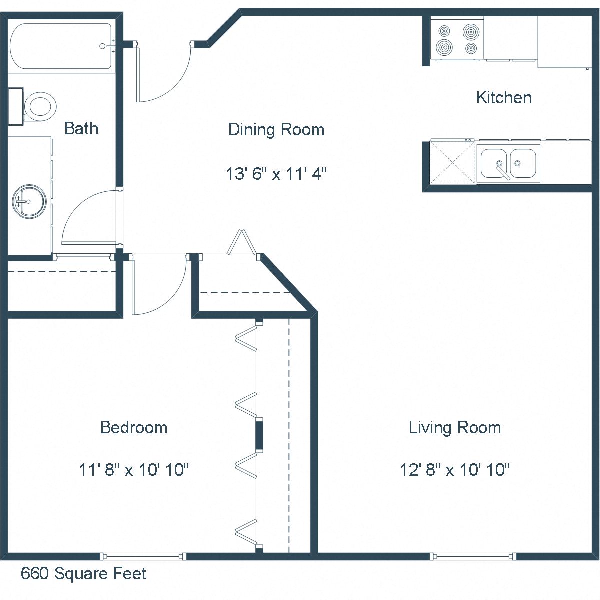 Floor plan for 1 bed, 1 bath, 660 sqft