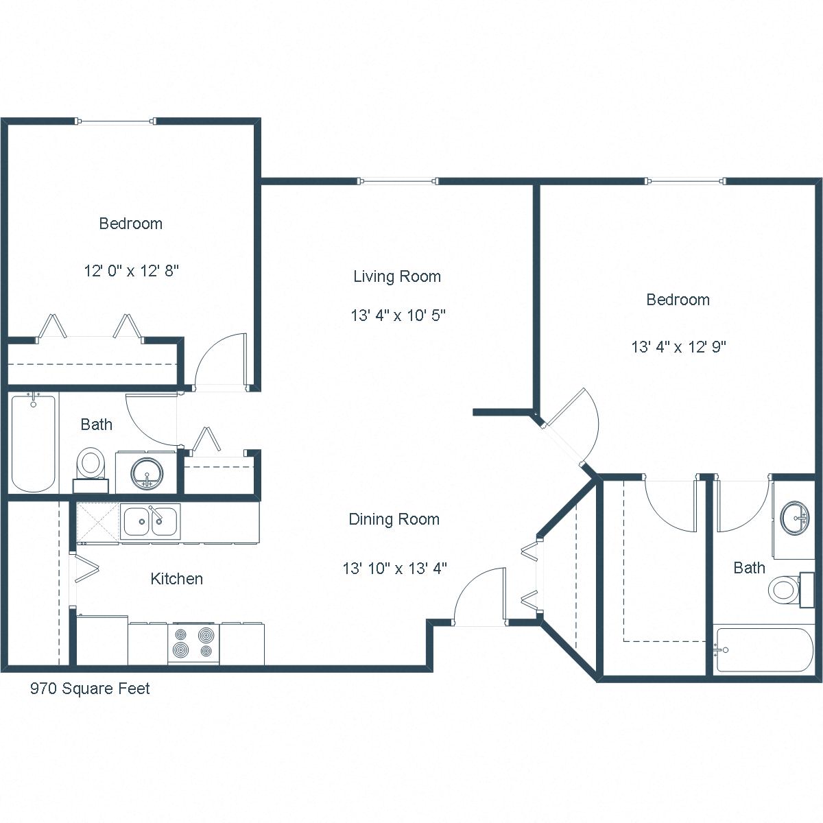 Floor plan for 2 beds, 2 baths, 970 sqft