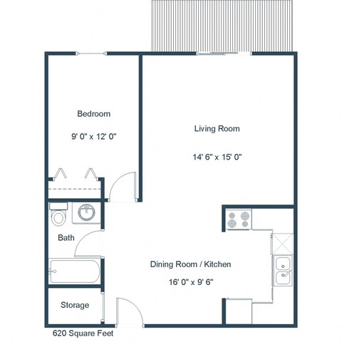 Floor plan for 1 bed, 1 bath, 620 sqft