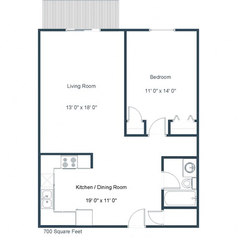 Floor plan for 1 bed, 1 bath, 700 sqft