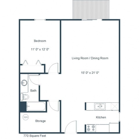 Floor plan for 1 bed, 1 bath