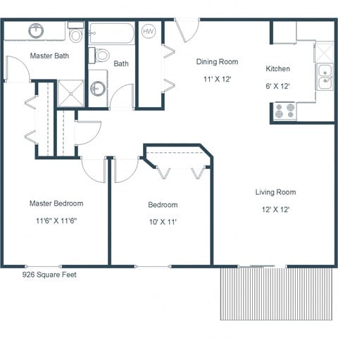 Floor plan for 2 beds, 2 baths, 926 sqft