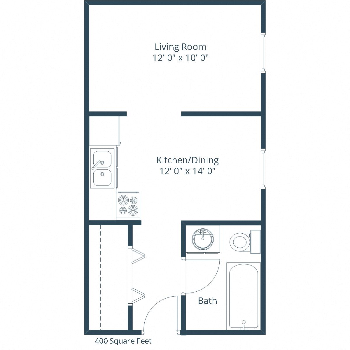 Floor plan for studio, 1 bath, 400 sqft