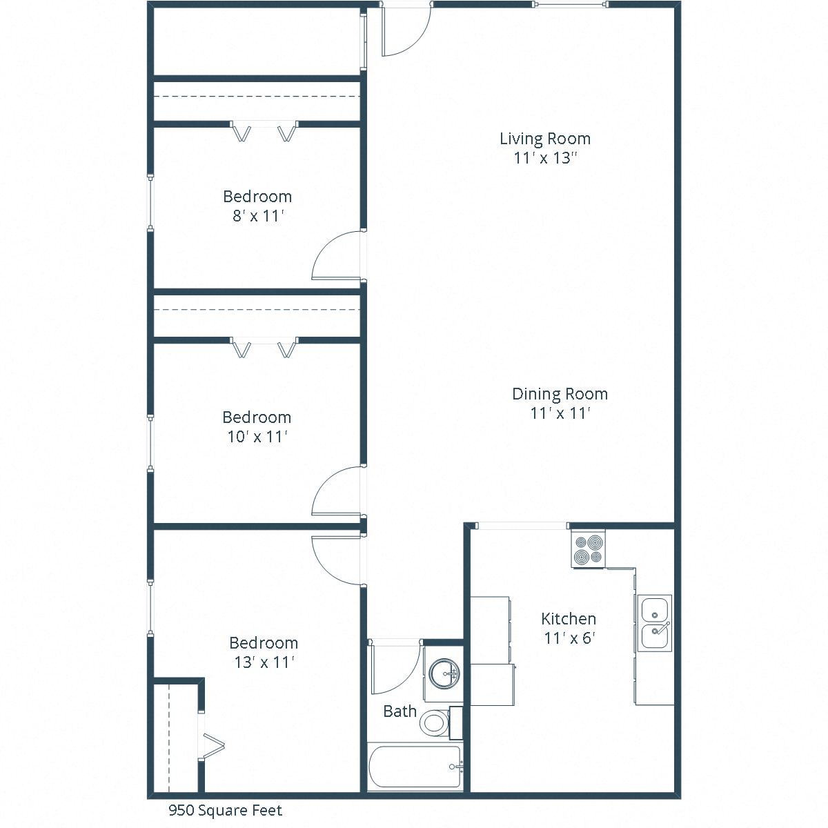 Floor plan for 3 beds, 1 bath