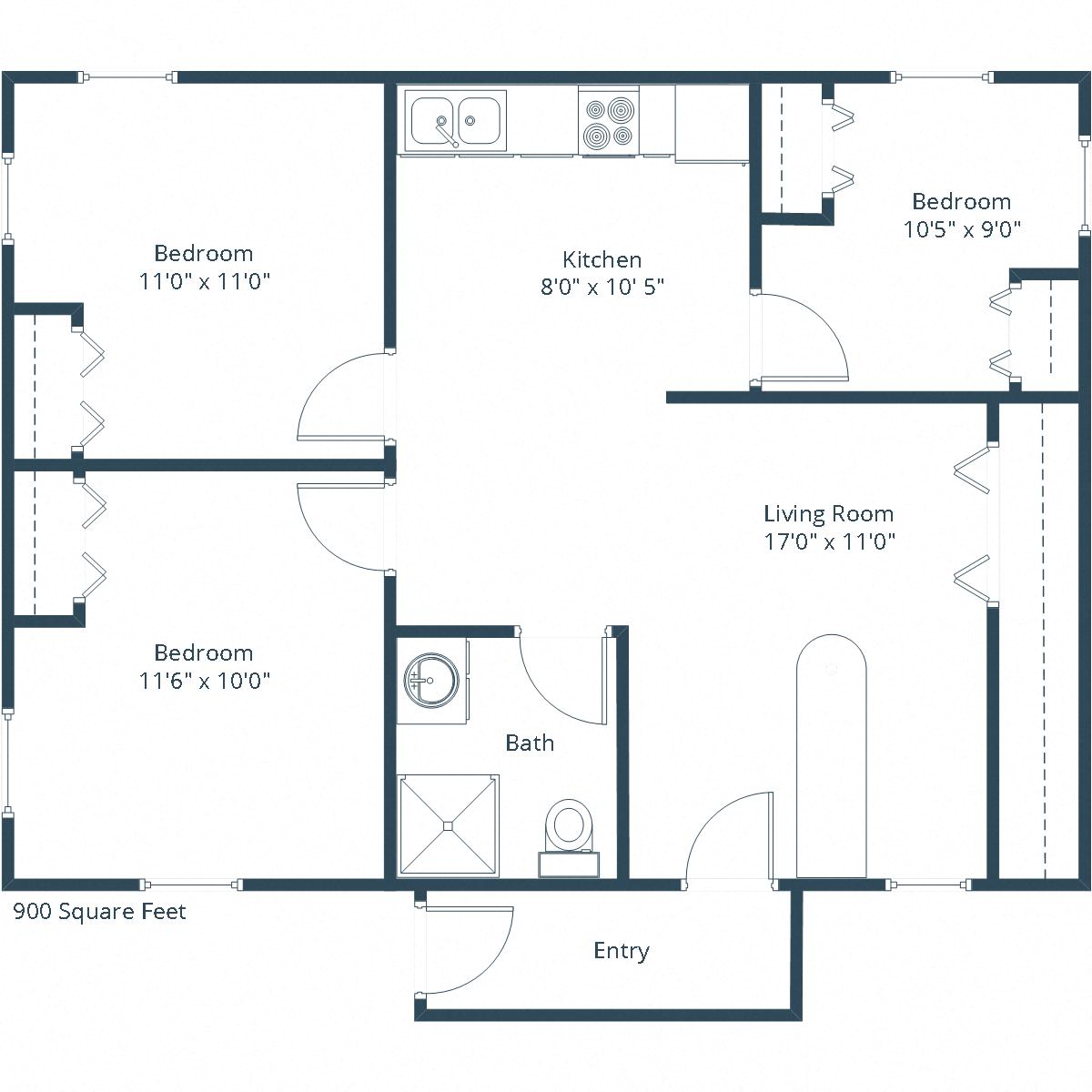 Floor plan for 3 beds, 0.8 baths, 950 sqft