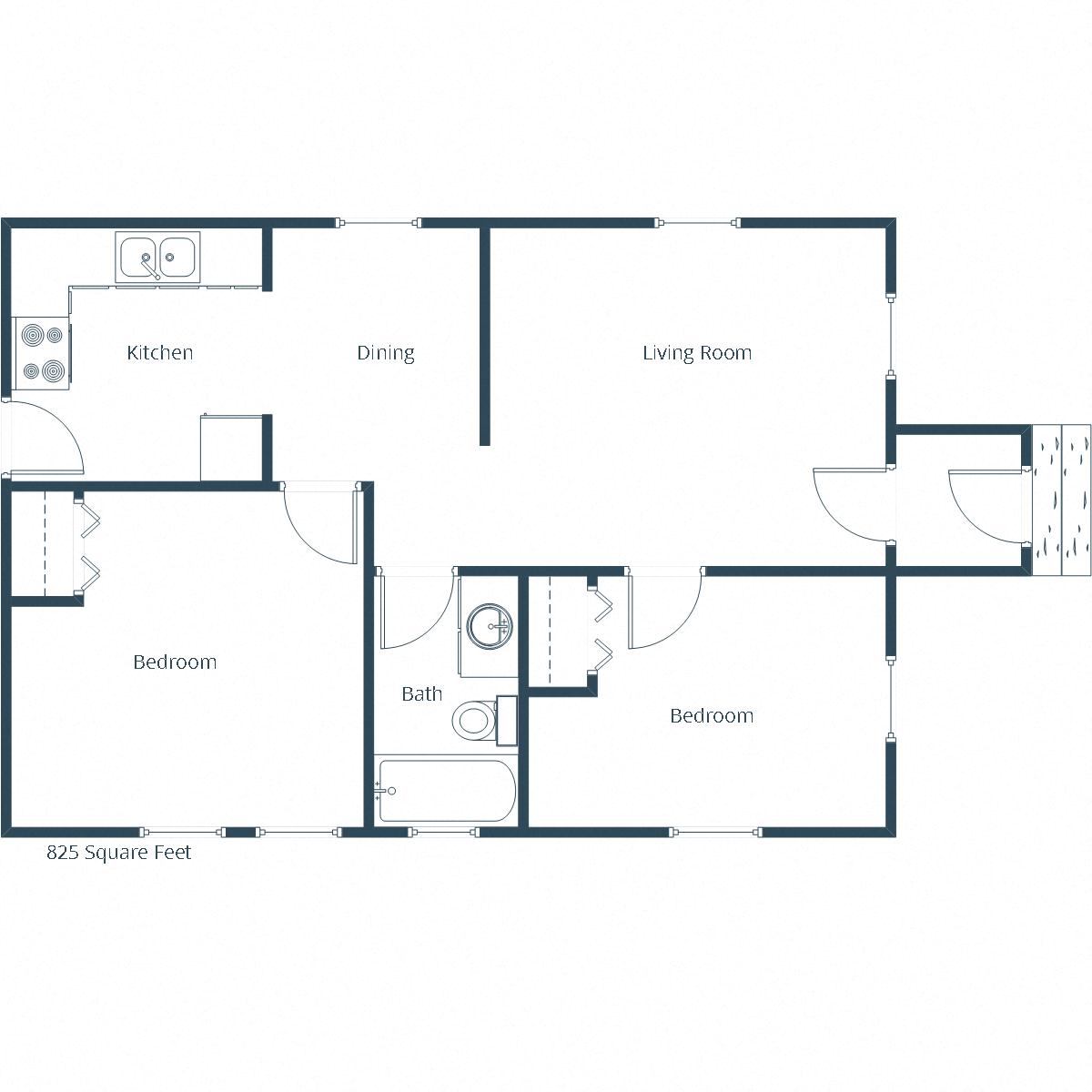 Floor plan for 2 beds, 1 bath, 825 sqft