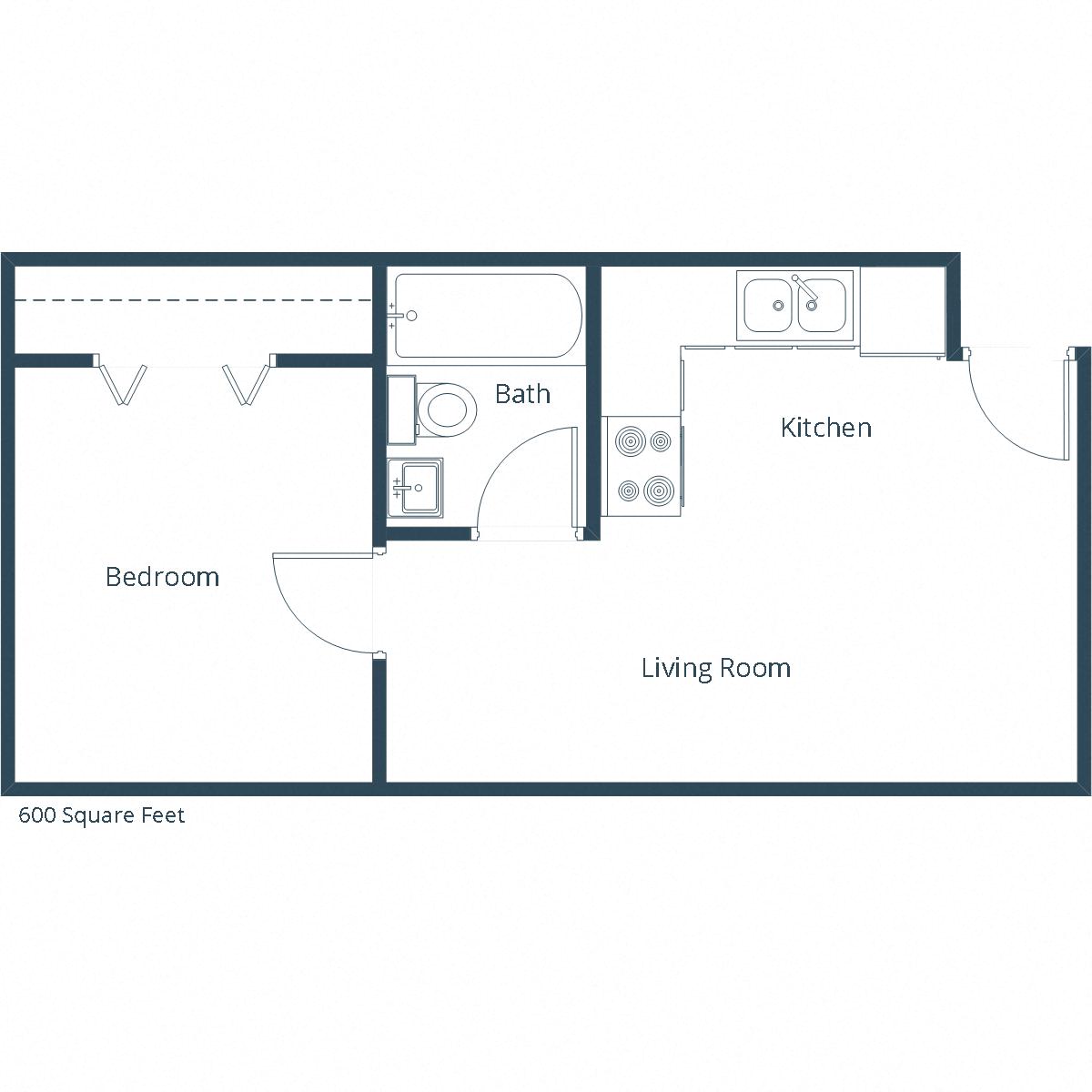 Floor plan for 1 bed, 1 bath, 600 sqft