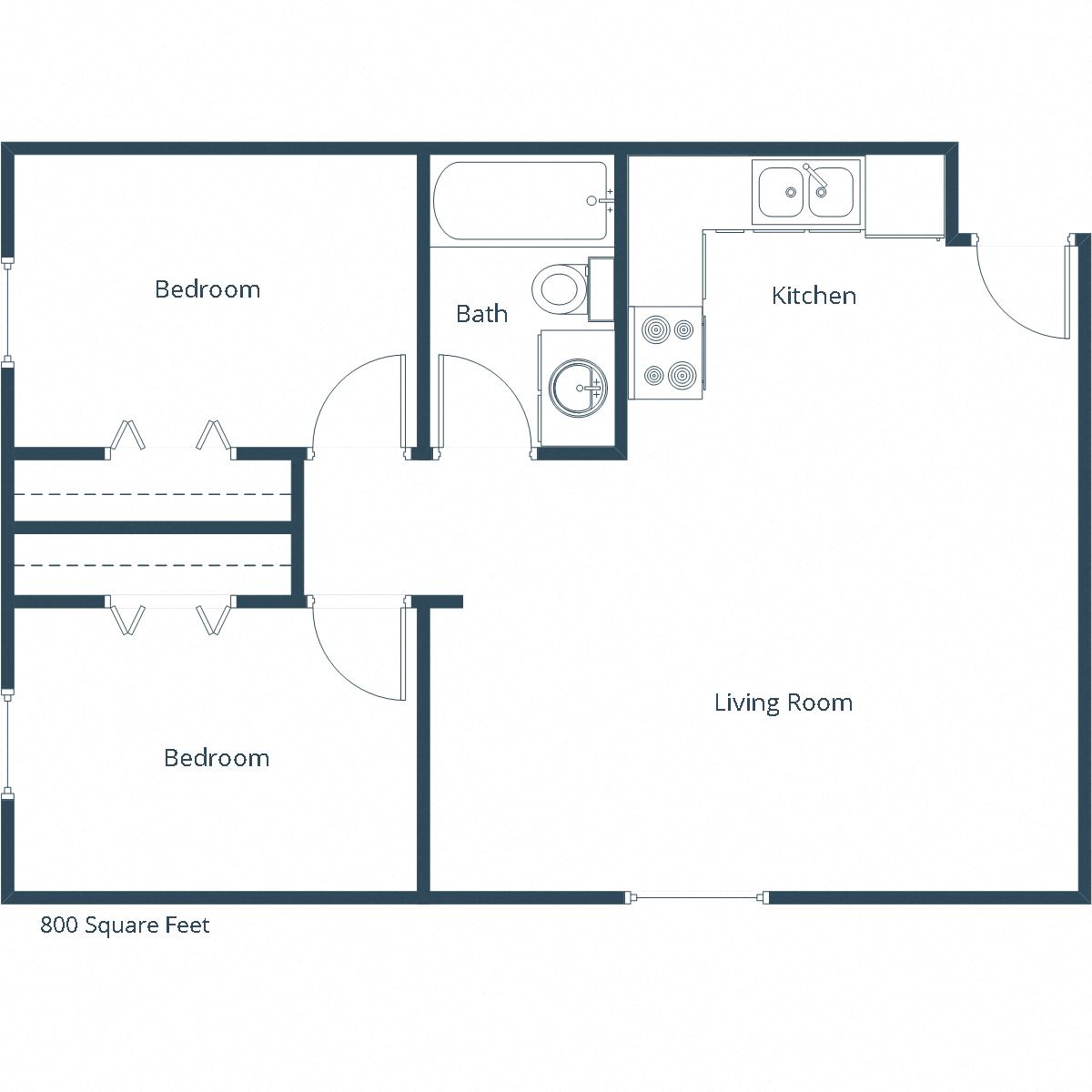 Floor plan for 2 beds, 1 bath, 800 sqft