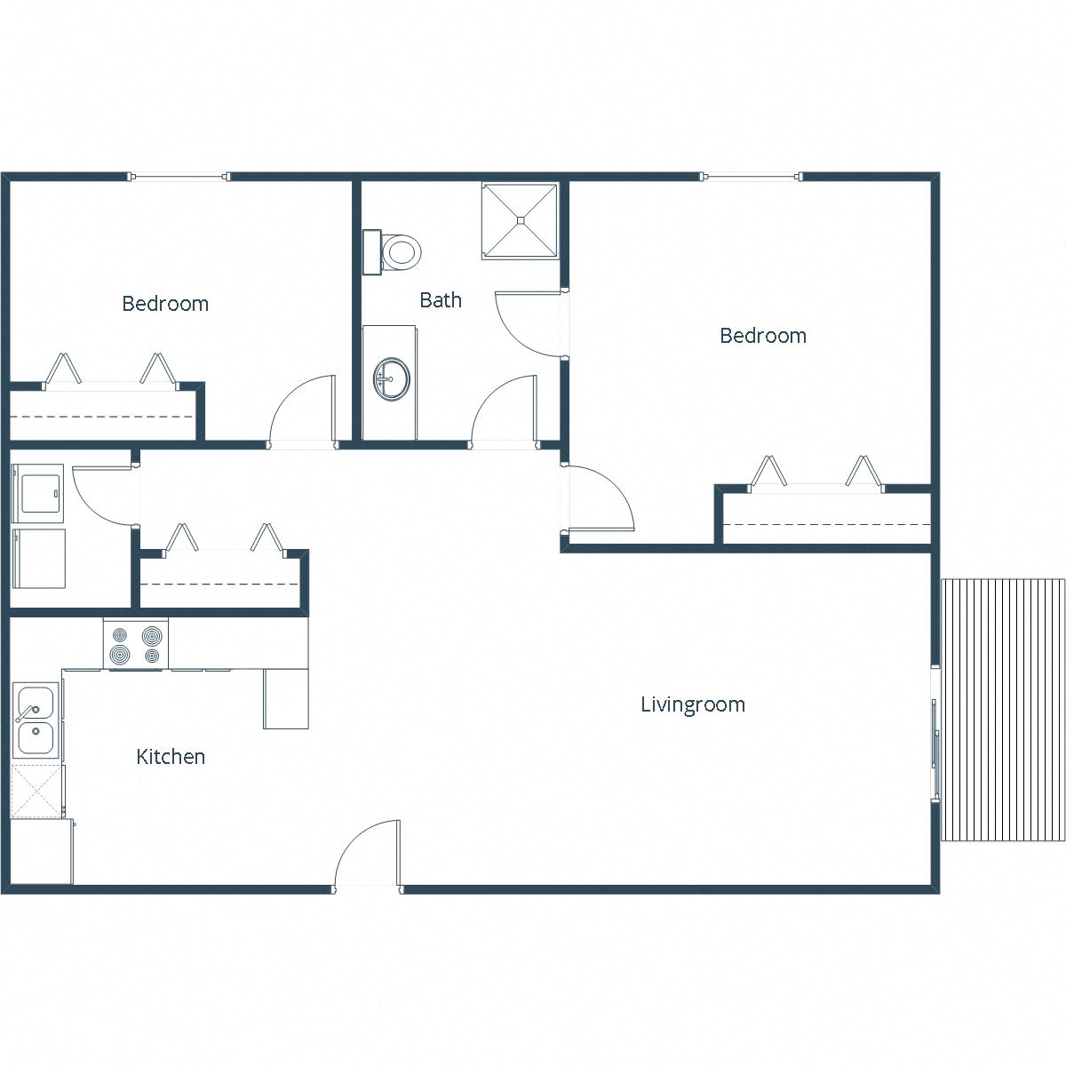 Floor plan for 2 beds, 1 bath, 880 sqft