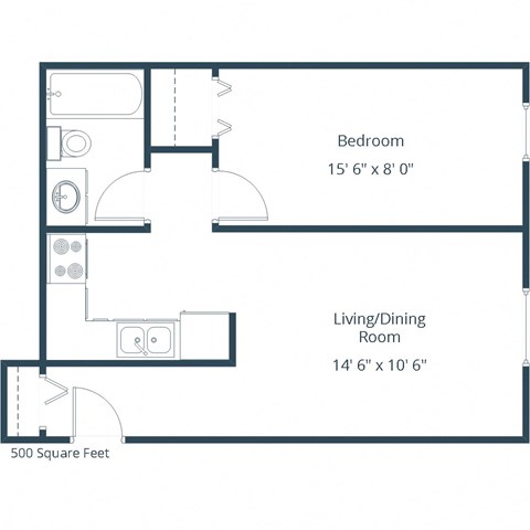 Floor plan for 1 bed, 1 bath, 500 sqft
