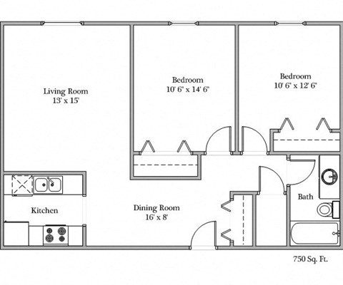 Floor plan for 2 beds, 1 bath, 750 sqft