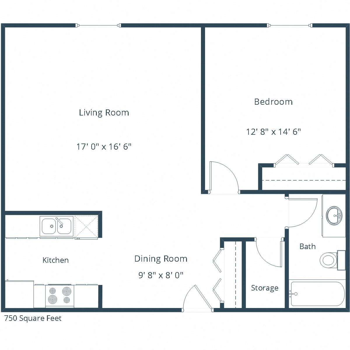 Floor plan for 1 bed, 1 bath, 750 sqft