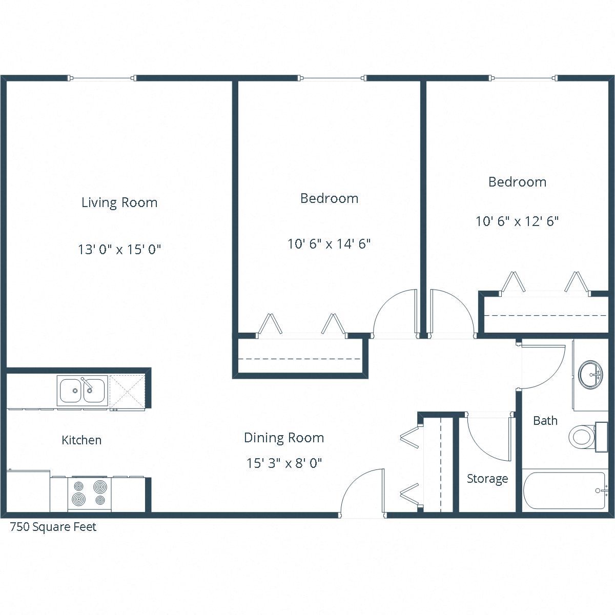Floor plan for 2 beds, 1 bath, 900 sqft