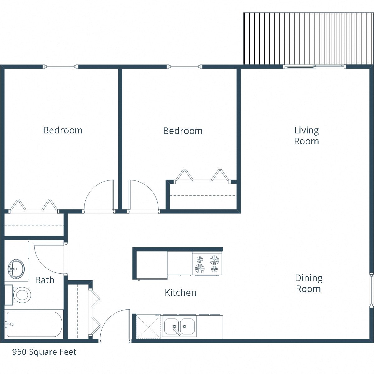 Floor plan for 2 beds, 1 bath, 950 sqft